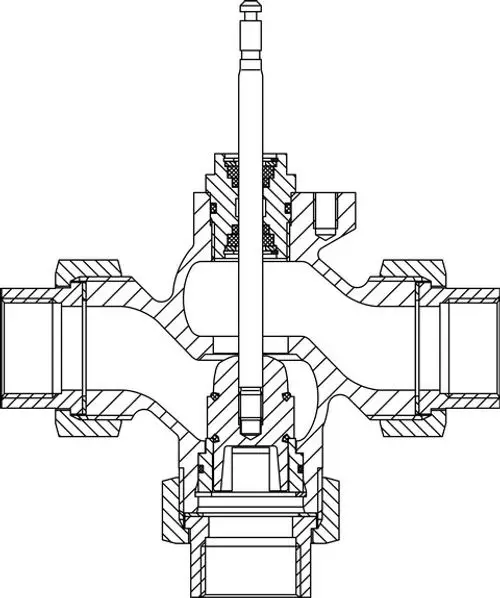 Technisches Diagramm eines Regelventils von IMI Hydronic Engineering mit sichtbaren Schnittstellen und geometrischen Details, ohne spezifische Maße oder Modellbezeichnung.
